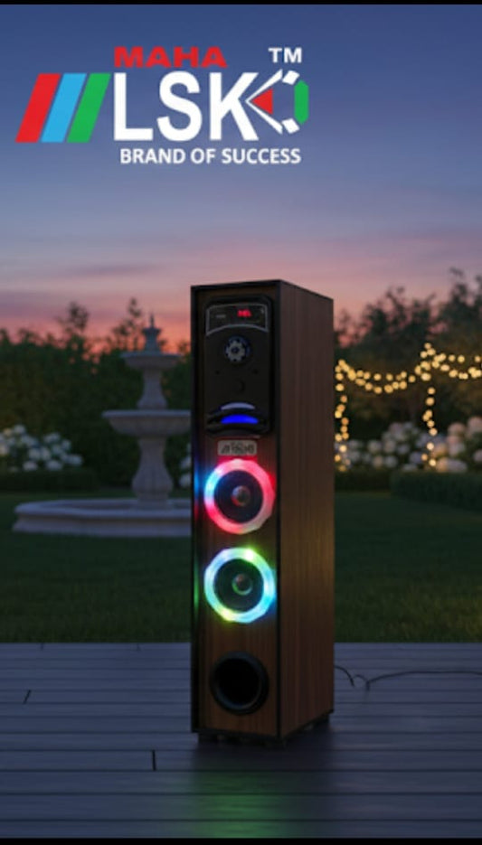 Maha LSK BIG BLASTER Bluetooth Tower Speaker - Wood Finish, Dual 5" Woofers, & Dynamic RGB Lights